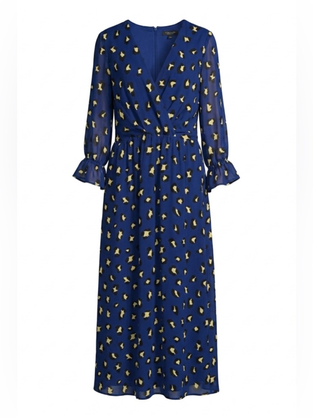 Tahari Royal Blue Leopard Print Chiffon Maxi Dress Faux Wrap Ruffle Cuff SZ 14